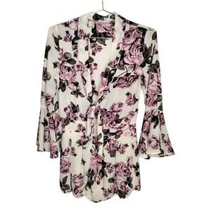 Illa Illa Womens Romper Sz Small Long Sleeve Cream Burgundy Floral Deep V Ruffle